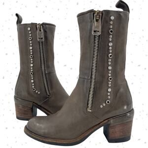 A.S.98 Jackie Boots Studded Leather Double Zip Brown Gray Mid-Calf AS98 Size 37